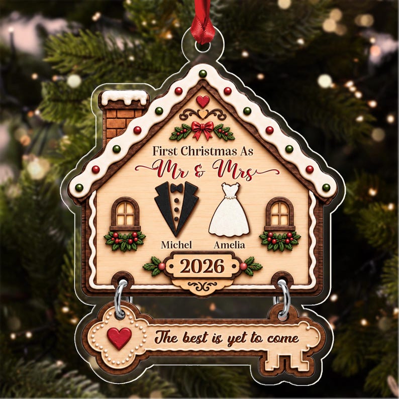 Personalized First Christmas As Mr & Mrs Married Ornament, Gingerbread House Acrylic 2D Flat