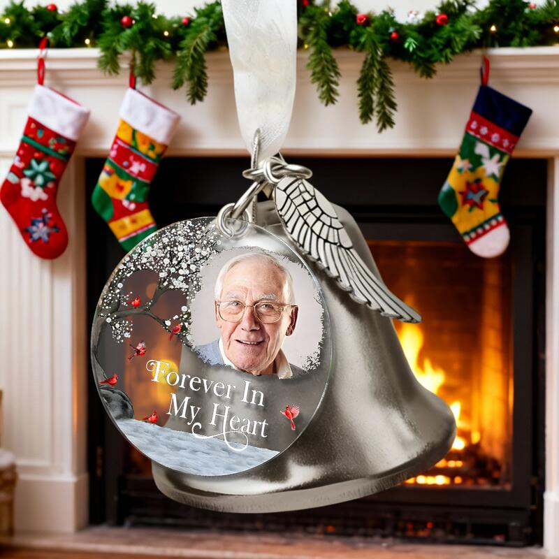Personalized Picture Bell Ornament with Birds Pattern Memorial Gift for Christmas
