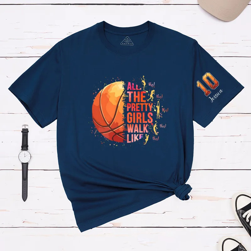 Personalized Basketball T-Shirt with "Pretty Girls Walk Like This" Design and Custom Name & Number