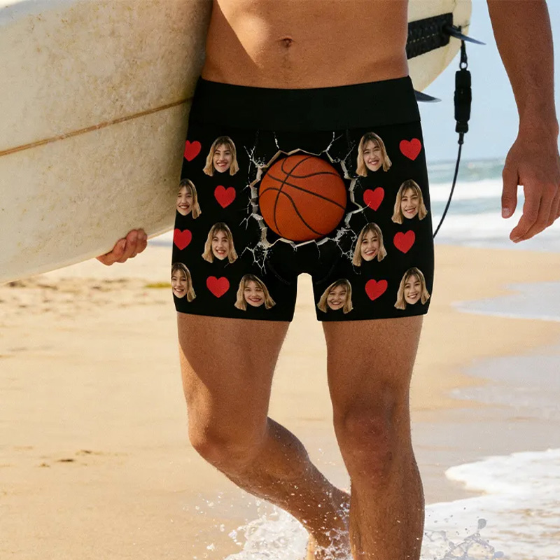 Personalized 3D Funny Basketball Boxer Shorts with Custom Photo andRomantic Heart Graphics Valentine's Day Gift for Men