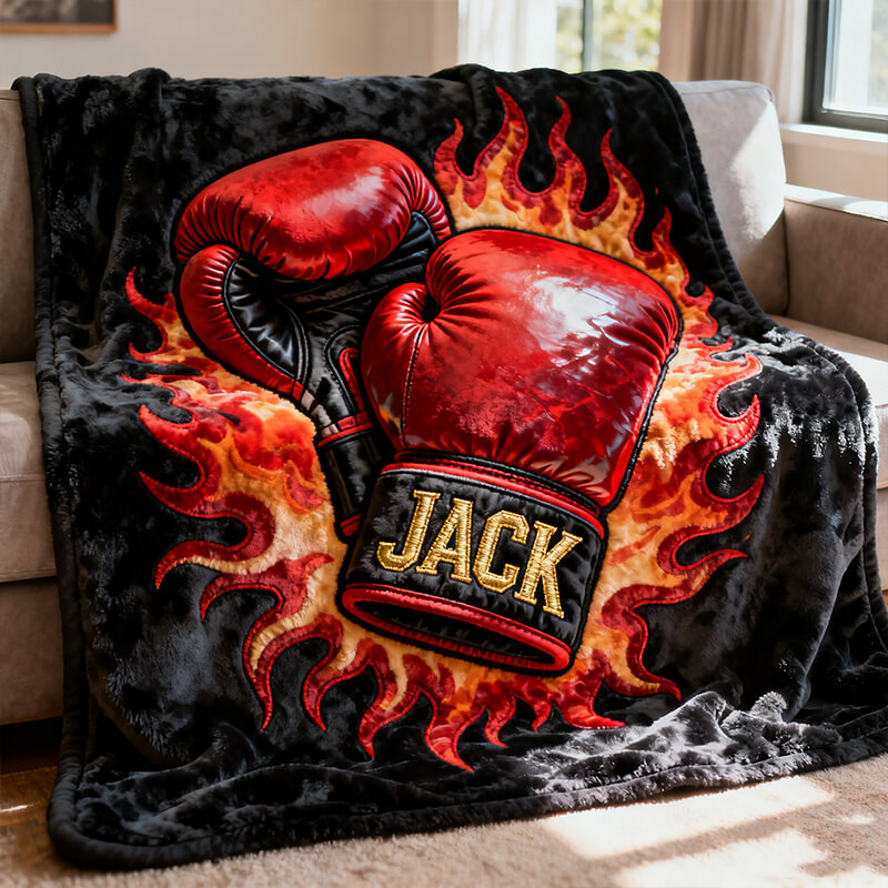 Personalized Flame Boxing Glove Themed Blanket With Custom Name For Boxing Enthusiasts,Father's Day