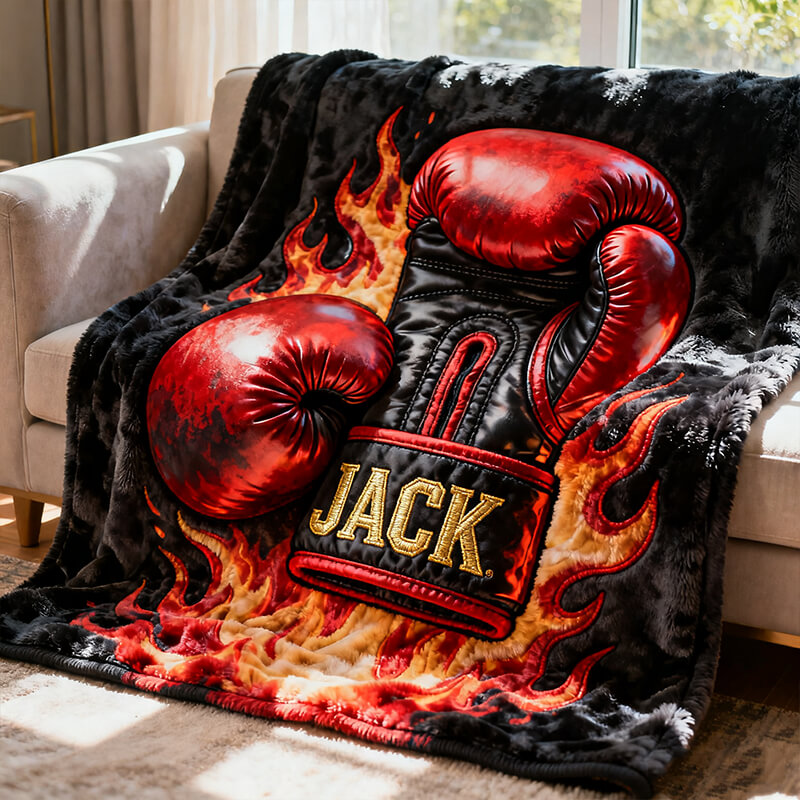 Personalized Flame Boxing Glove Themed Blanket With Custom Name For Boxing Enthusiasts,Father's Day