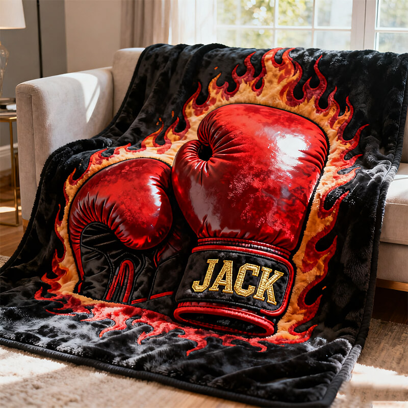 Personalized Flame Boxing Glove Themed Blanket With Custom Name For Boxing Enthusiasts,Father's Day