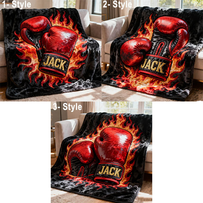 Personalized Flame Boxing Glove Themed Blanket With Custom Name For Boxing Enthusiasts,Father's Day