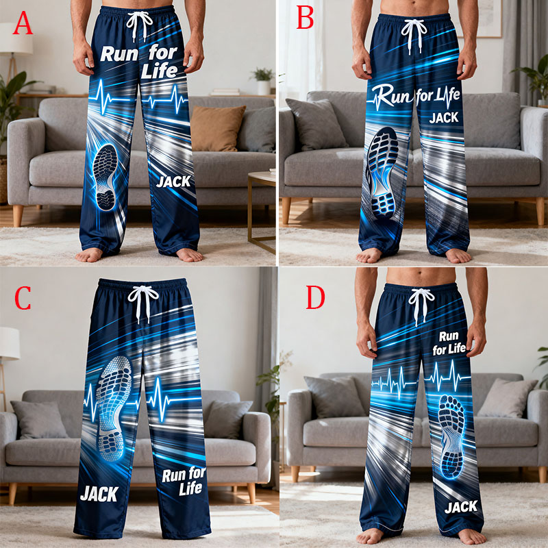 Personalized Running Print Themed Casual Sleep Pants With Custom Name For Men, Women and Children