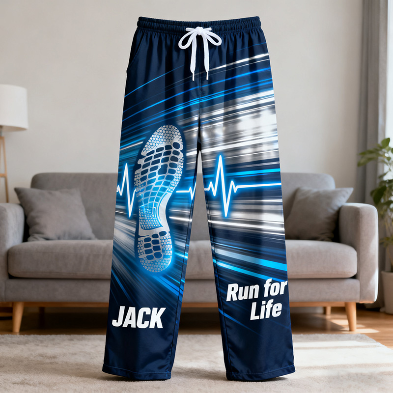 Personalized Running Print Themed Casual Sleep Pants With Custom Name For Men, Women and Children