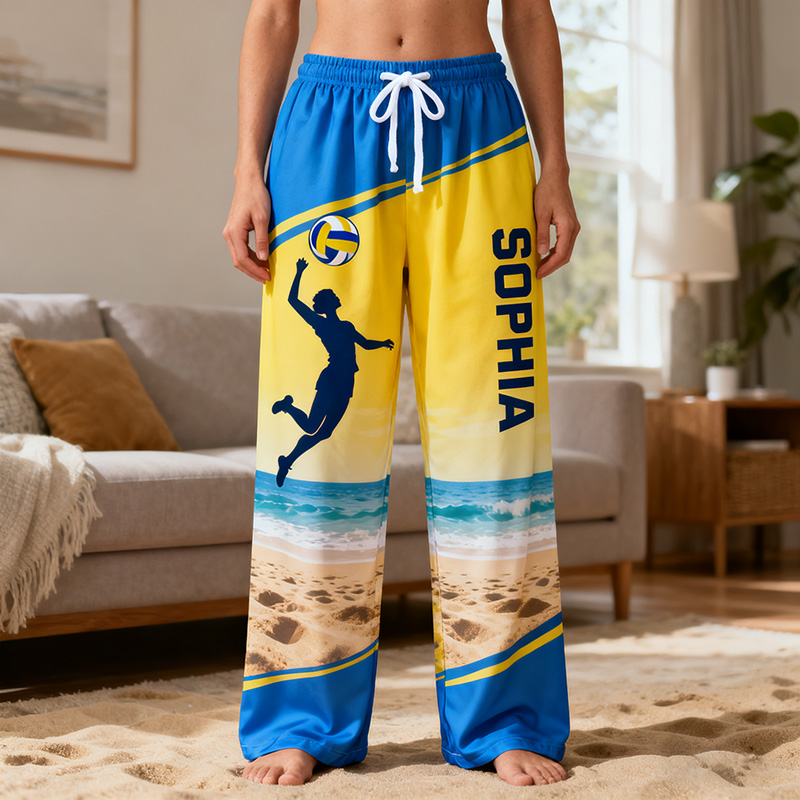 Personalized Volleyball Pajama Pants with Custom Name and Beach Design for Fans and Players