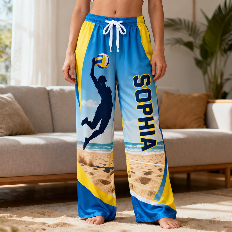 Personalized Volleyball Pajama Pants with Custom Name and Beach Design for Fans and Players