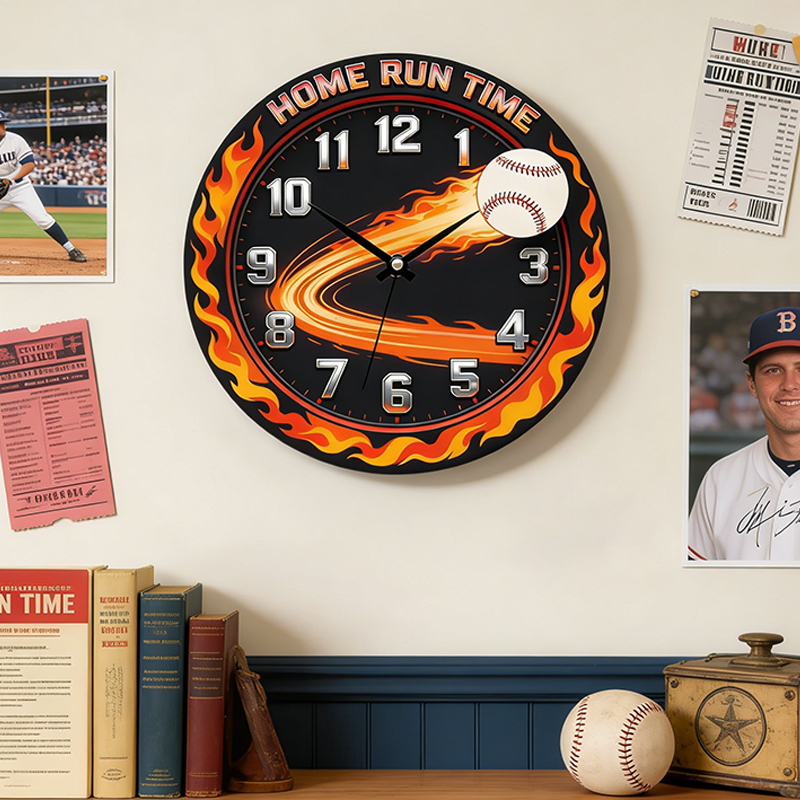 Personalized Home Run Time Clock with Fiery Baseball Design for Baseball Enthusiasts