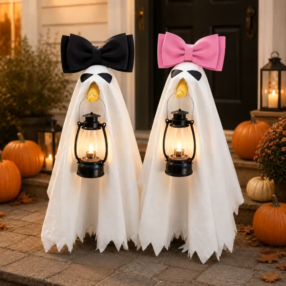 Porch Goose Halloween Costume for 23 Inch Goose White Ghost Cover with Pink Bow and LED Lantern Outdoor Fall Decor Gift