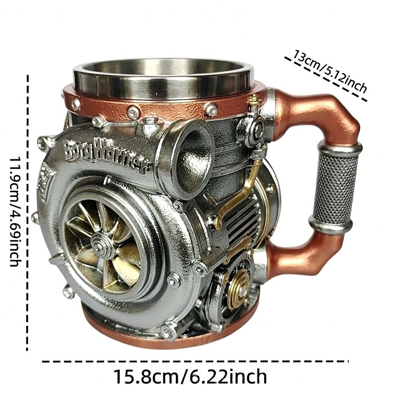 Turbocharger Coffee Mug Realistic Turbo Engine Resin Beer Stein with Stainless Steel Liner, Car Racing Turbo Cup Gift for Car Lovers