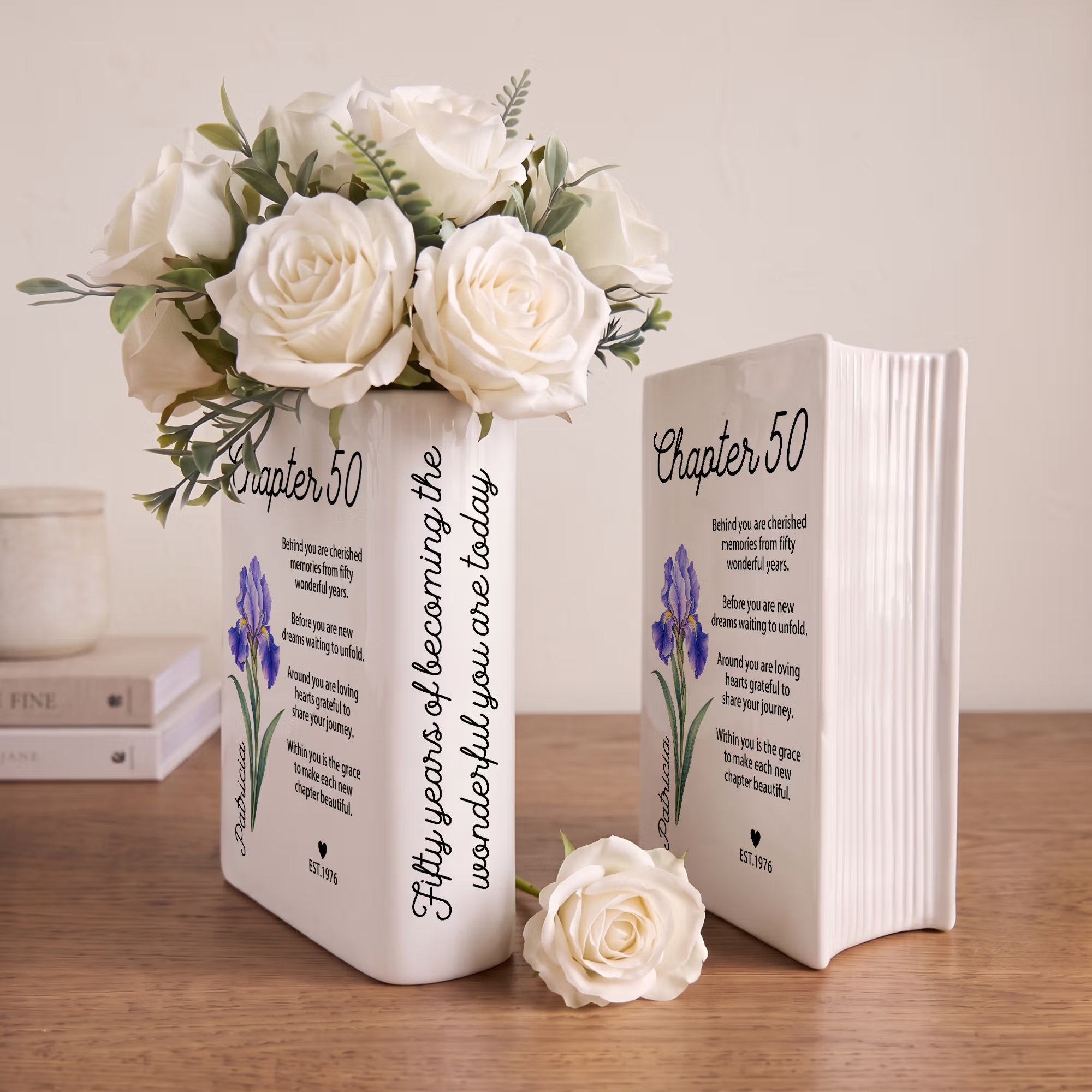 Personalized Birth Flower Ceramic Book Vase with Name Year and Text Home Decor Anniversary Gift for Bookworms Flower Lovers
