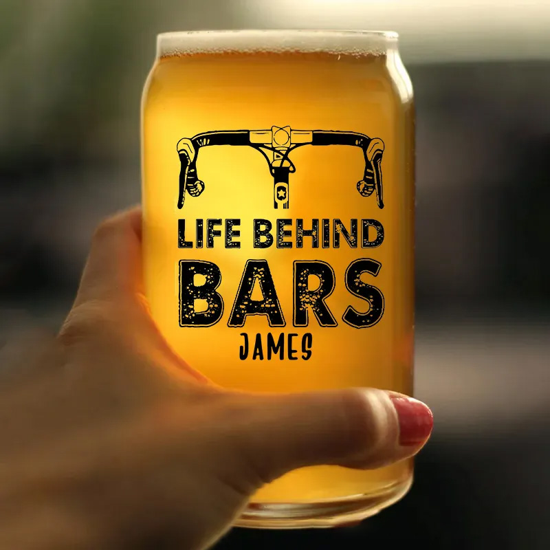 Personalized Life Behind Bars Bike Glass Bicycle Barware Screenprinted Pint Glass Beer Cycling Art Gift for Cyclists Biker Cycling Lovers