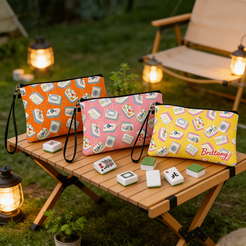 Personalized Mahjong Name Linen Handbag with Zipper and Wrist Strap Gift for Mahjong Lovers