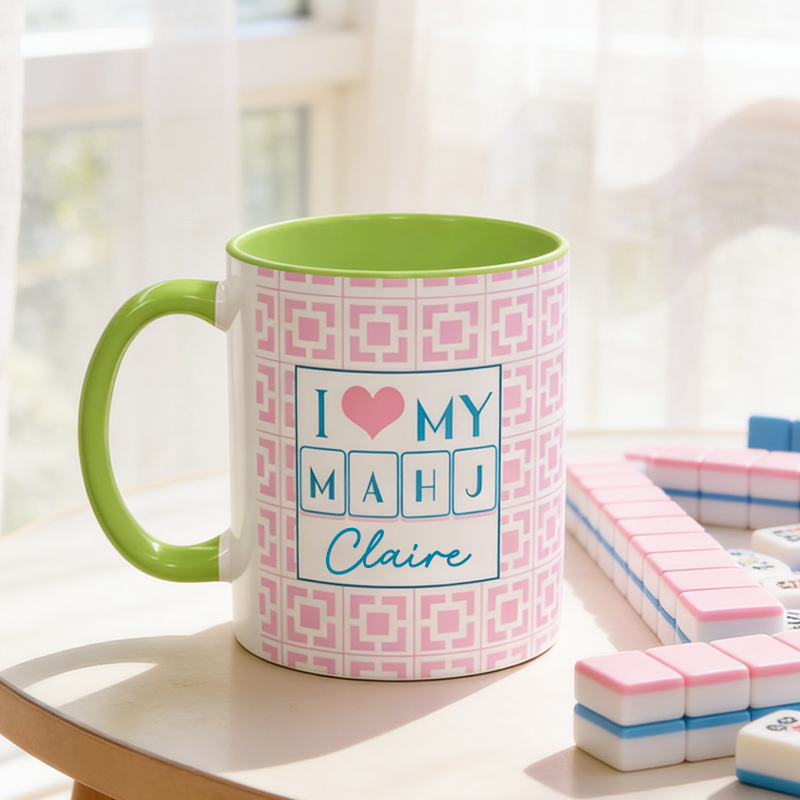 Personalized Mahjong Mug I Love My Mahj Pink & Green Mug Gift for Mahjong Enthusiast