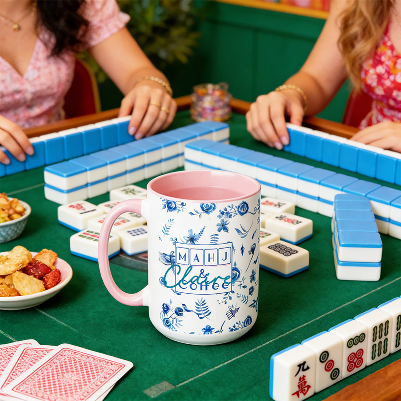 15 oz Mahjong Mug Blue and White Porcelain with Floral and Bird Motifs Gift for Mahjong Enthusiasts