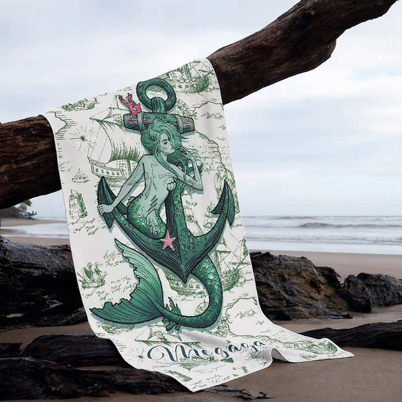 Personalized Mermaid Beach Towel Vintage Nautical-Style Mermaid Beach Towel Customized with Name Gift for Her