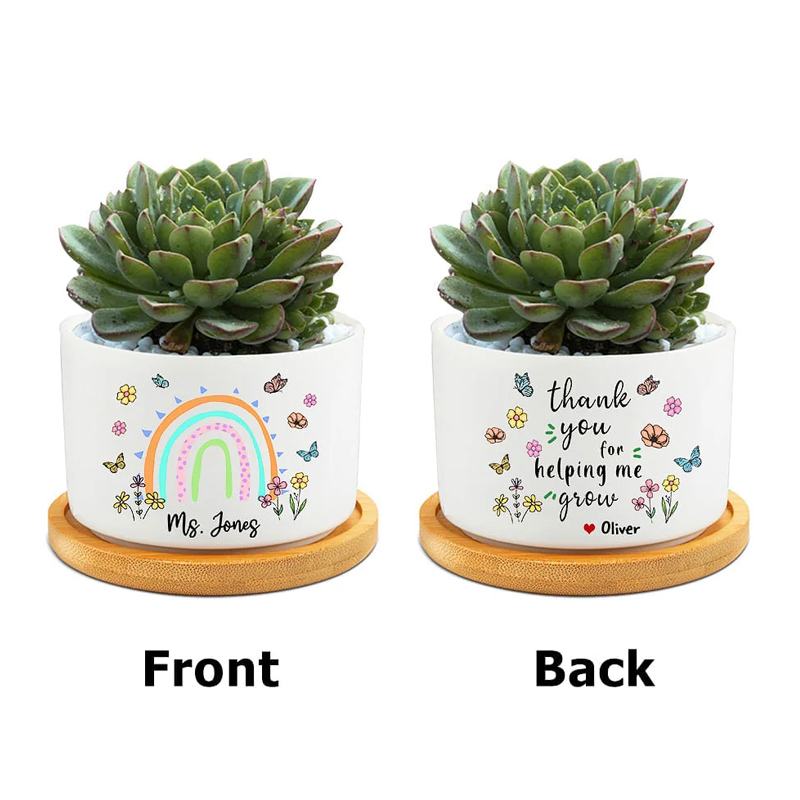 Personalized Thank You for Helping Me Grow Rainbow Butterflies Ceramic Plant Pot with Bamboo Base and Name Appreciation Gift for Teacher