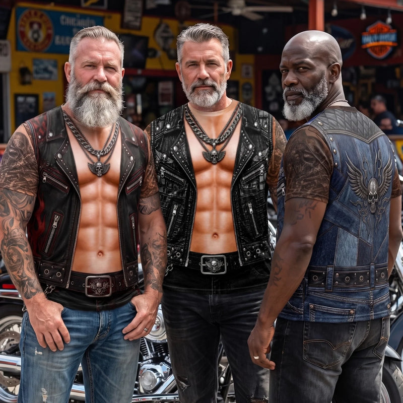 Personalized Men 3D Fake Tattoo Sleeveless T‑Shirt, Realistic Printed Leather Vest Graphic Tee, Motorcycle Club Illusion Print Tank Top For Men