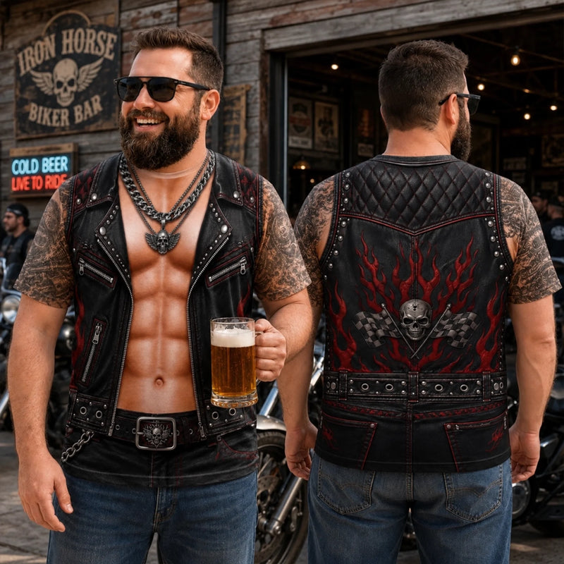 Personalized Men 3D Fake Tattoo Sleeveless T‑Shirt, Realistic Printed Leather Vest Graphic Tee, Motorcycle Club Illusion Print Tank Top For Men