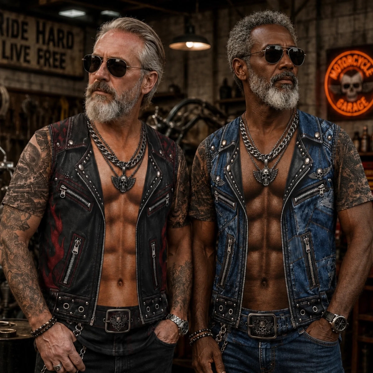 Personalized Men 3D Fake Tattoo Sleeveless T‑Shirt, Realistic Printed Leather Vest Graphic Tee, Motorcycle Club Illusion Print Tank Top For Men