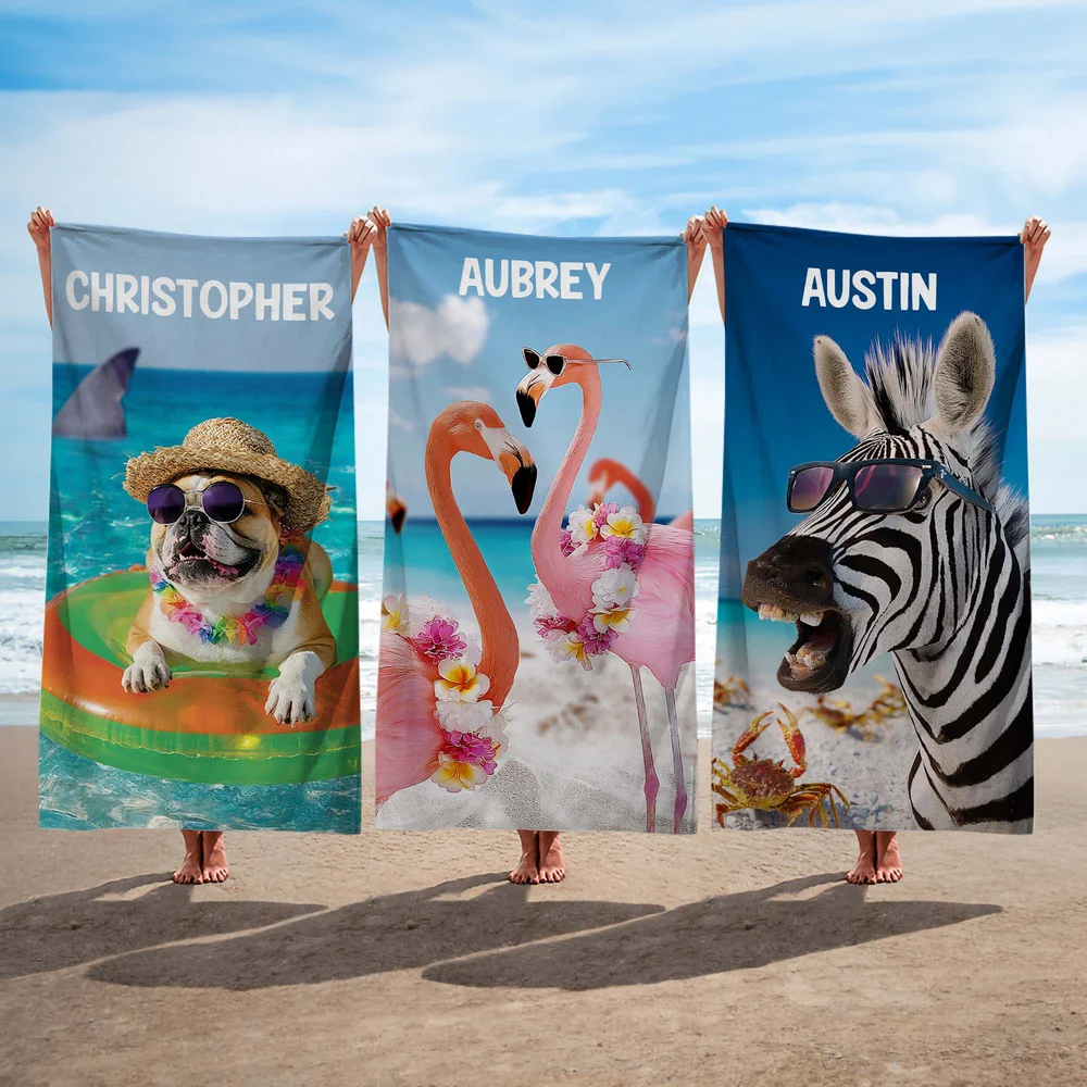 Personalized Funny Zebra Flamingo Animals Quick Dry Oversized Beach Towel with Name Summer Vacation Beach Party Gift