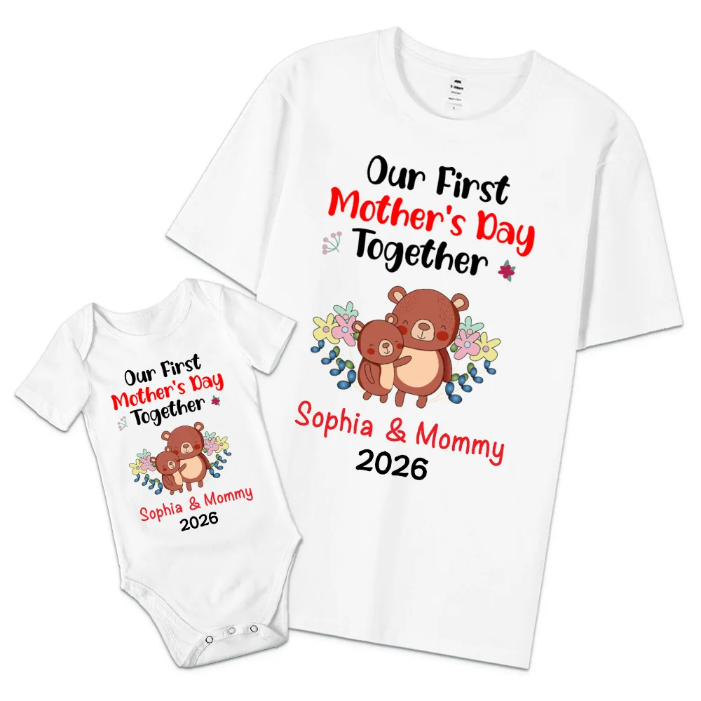 Personalized Cute Bear Bunny Giraffe 100% Cotton T-Shirt and Baby Onesie Our First Mother's Day T-shirt Funny Mummy and Baby Gift Mama and Me tee Baby bodysuit