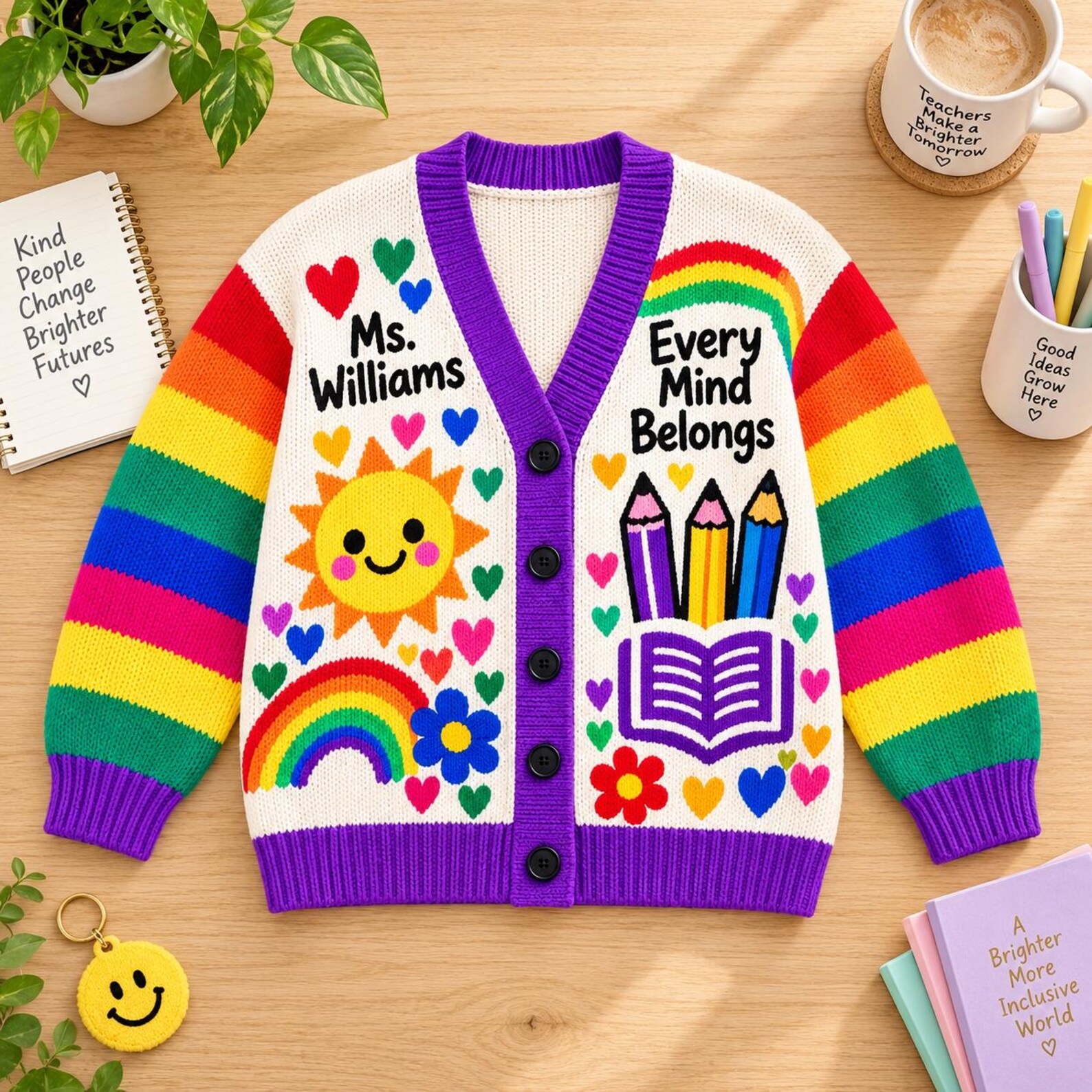 Personalized Teacher Cardigan Custom Name Rainbow Fall Sweater