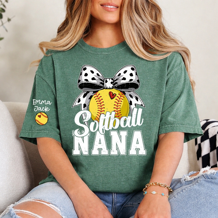 Personalized Softball Nana Shirt – Custom Grandma T‑Shirt with Bow and Name, Gift for Proud Softball Grandma