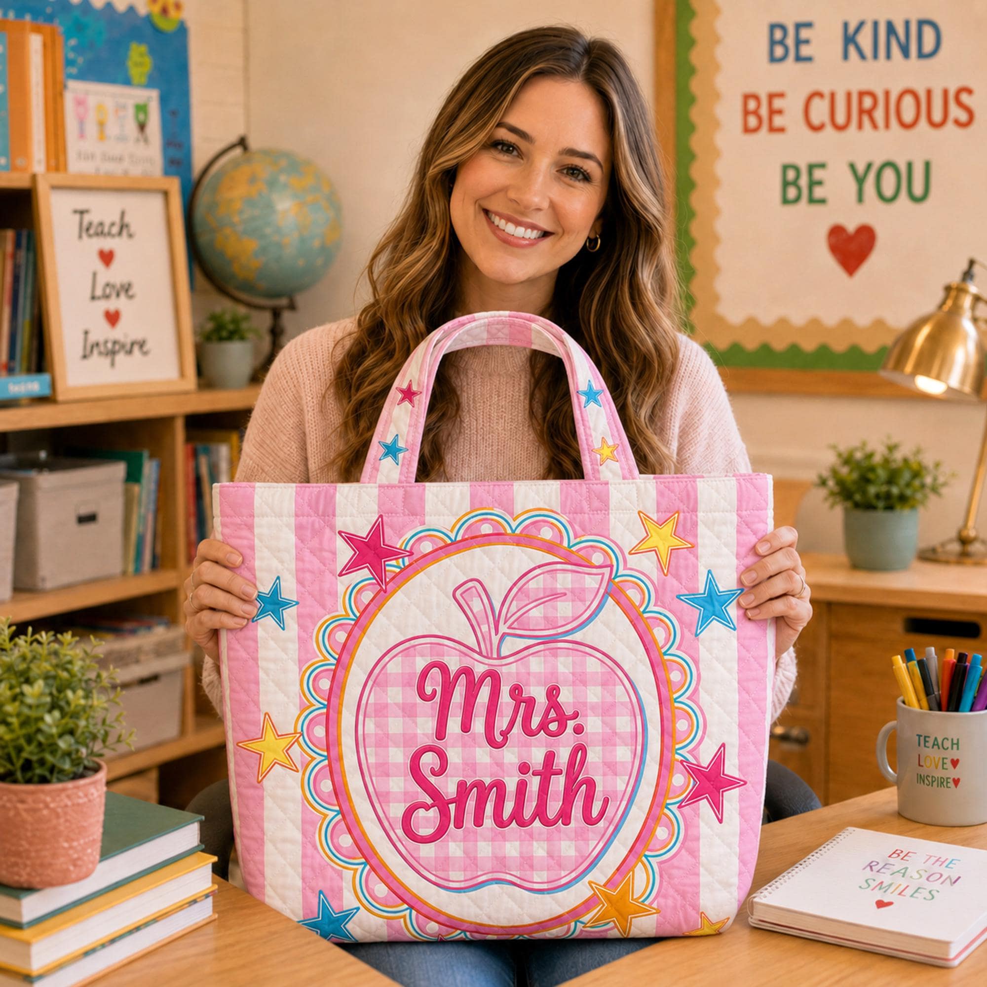 Personalized Teacher Quilted Tote Bag Custom Name Apple Bag Back to School Teacher Gift