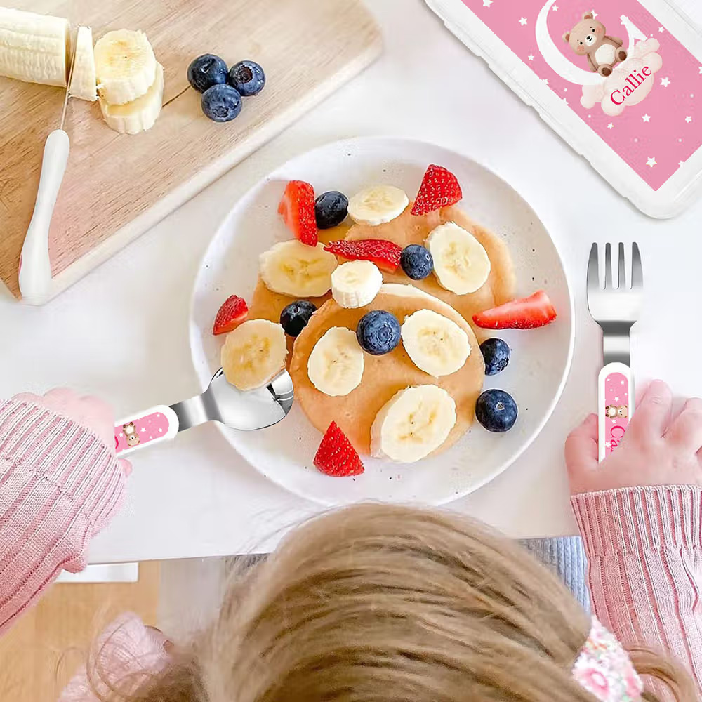 Personalized Cartoon Animal Safe Stainless Steel Kid’s Fork Spoon Knife 3 Pcs Cutlery Set with Initial Case and Name Birthday Gift 