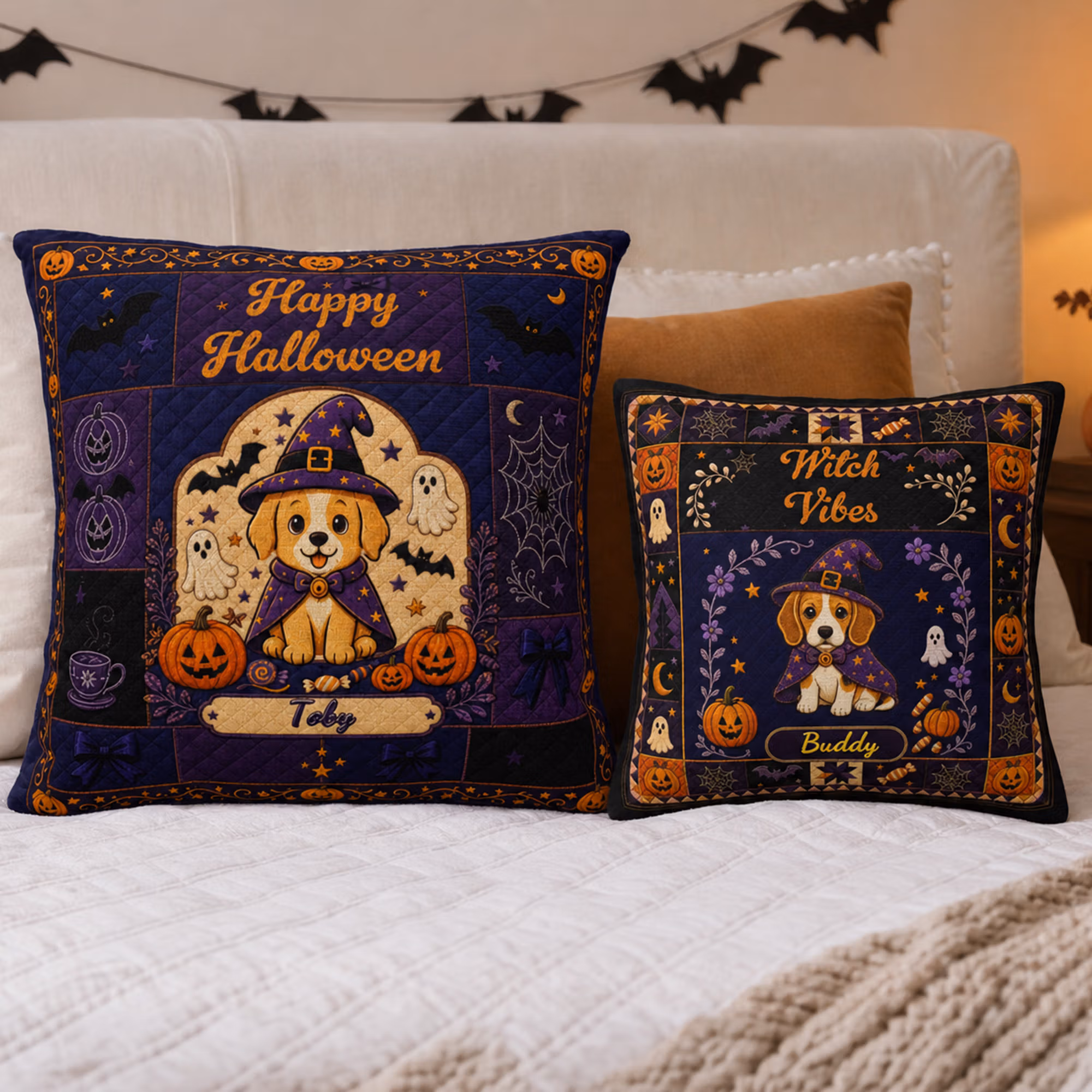 Personalized Photo and Name Retro Cartoon Halloween Pet Witch Throw Pillow Home Decor Halloween Gift for Pet Lovers