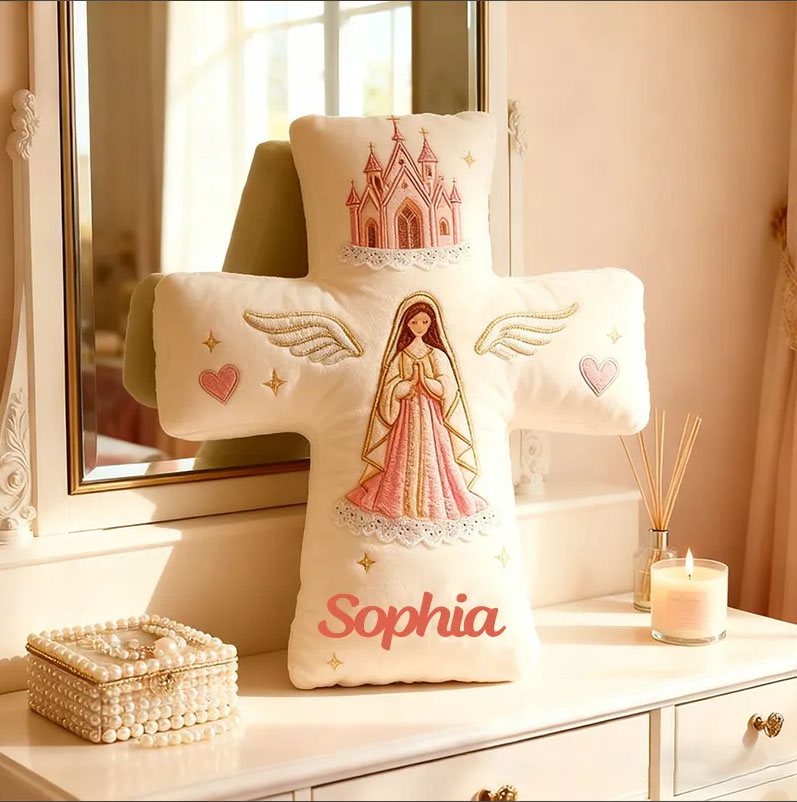 Personalized Virgin Mary Cross Pillow with Custom Name Kid Room Decor Church Cross Angel Wing Religious Faith Gift for Her Graphic 3D Print Pillow