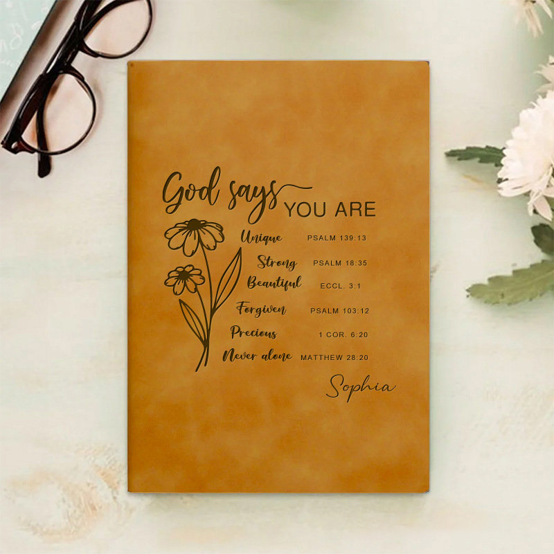 Personalized God Says You are Bible Verse Journal Leather A5 Notebook with Name for Women Flower Christian Gift Religious Gift Affirmations Gift