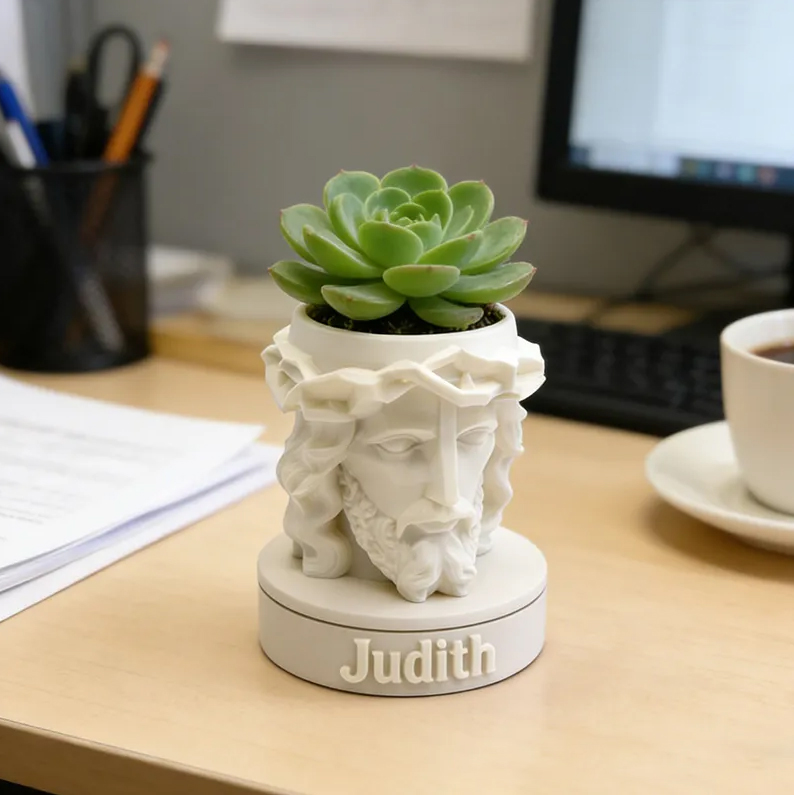 Personalized 3D Printed Jesus Crown of Thorns Christ Planter with Custom Name Can Also be Used as Pen Holder or Desk Organizer Religious Gift