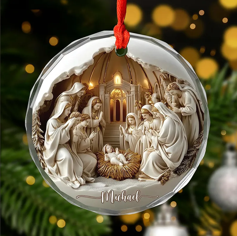 Personalized Nativitys Scene Christmas Round Heart Shaped Glass Ornament with Custom Name Regilious Christmas Tree Decor Christian for Christmas Gift