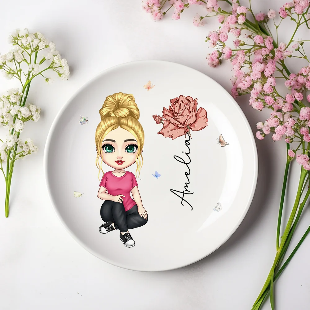 Personalized Cute Cartoon Character Ceramic Ring Dish Jewelry Tray with Birth Flower and Name Birthday Bridesmaid Wedding Gift for Her