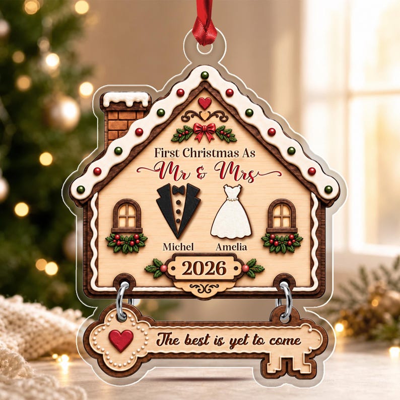 Personalized First Christmas As Mr & Mrs Married Ornament, Gingerbread House Acrylic 2D Flat