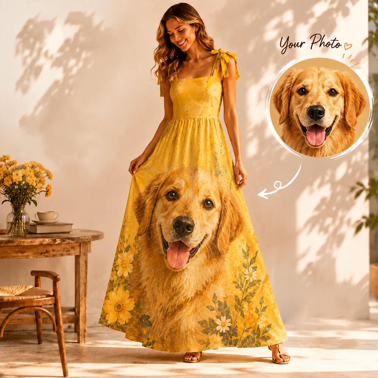 Personalized Oil Painting Pet Photo Maxi Dress Custom Image Gift for Pet Lover
