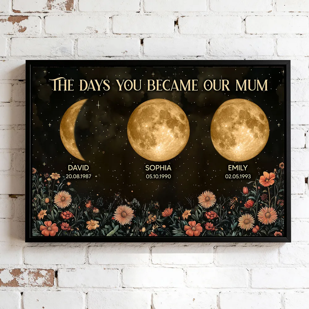 Personalised Moon Phase Family Print – “The Days You Became Our Mum” Custom Poster with Names, Dates & Birth Moons – Unique Mother’s Day Gift