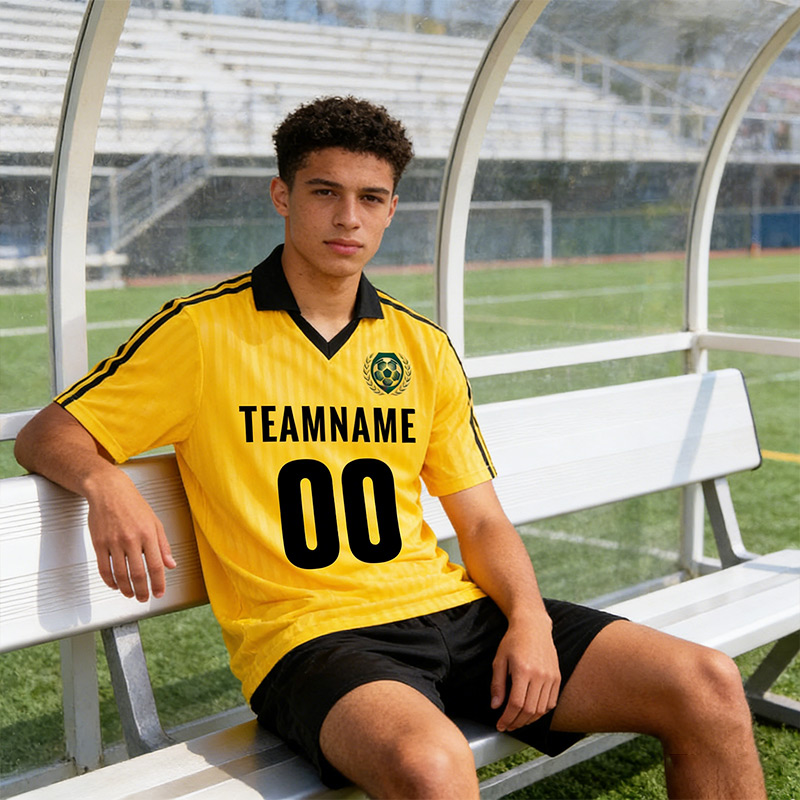 Personalized Made Lapel Soccer Jersey with Yellow Stripes Featuring Custom Team Name Logo Player Name and Number Gift for Soccer Fans