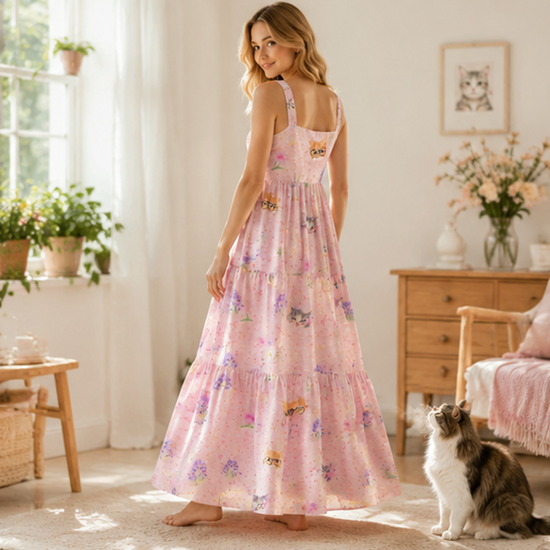 Personalized Pet Photo Birth Floral Maxi Dress Custom Tiered Ruffle Unique Gift for Cat Mom Dog Owner