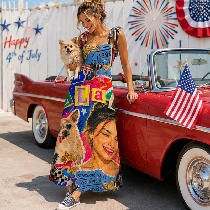 Personalized USA Independence Day Maxi Dress Colorful Graffiti Collage with Custom Photo and Name for USA 250th Anniversary