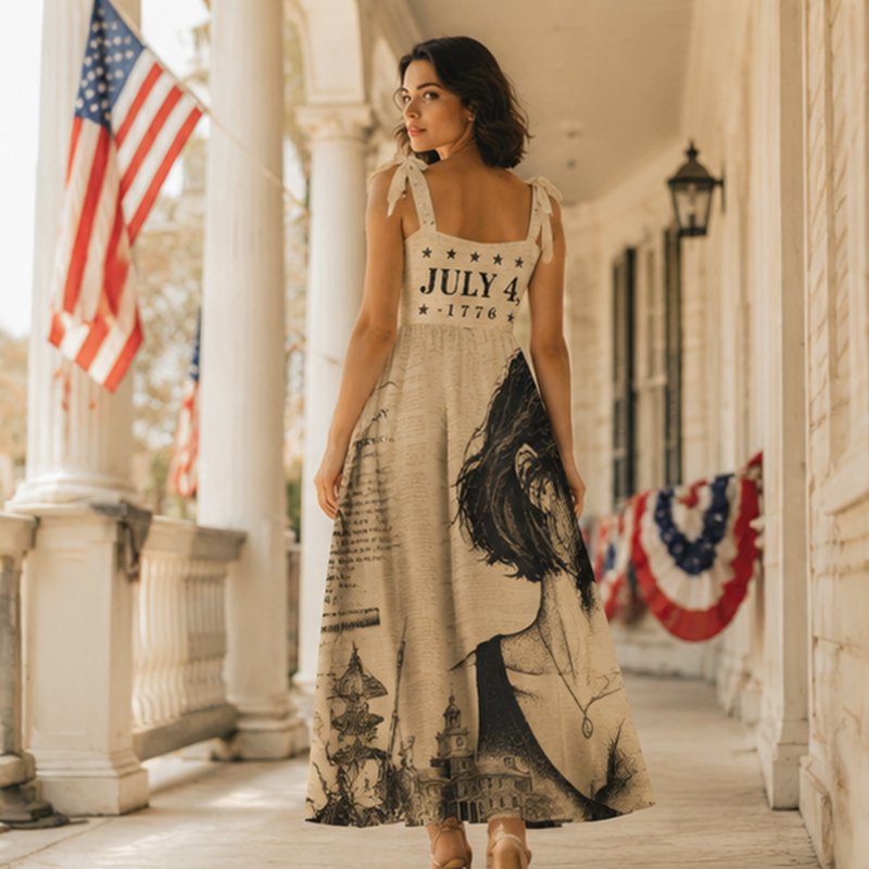 Personalized American 250th Anniversary Maxi Dress Retro Style Spaghetti Strap Custom Photo for Independence Day