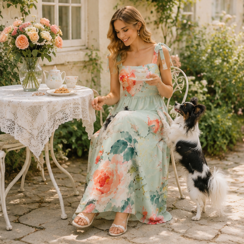 Personalized Floral Maxi Dress Watercolor Print with Custom Birth Flower and Pet Gift for Flowers and Pet Lovers
