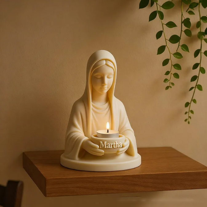 Personalized 3D Printable Virgin Mary Tealight Candle Holder with Custom Name Lady Guadalupe Stand Catholic Home Decor Prayer Space Spiritual Gift