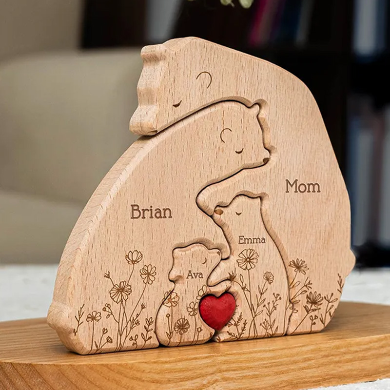 Personalized Wooden Bear Family Puzzle Hugging Bear Family Floral Version Engraved Oak Wood Keepsake with Name Gift for Family