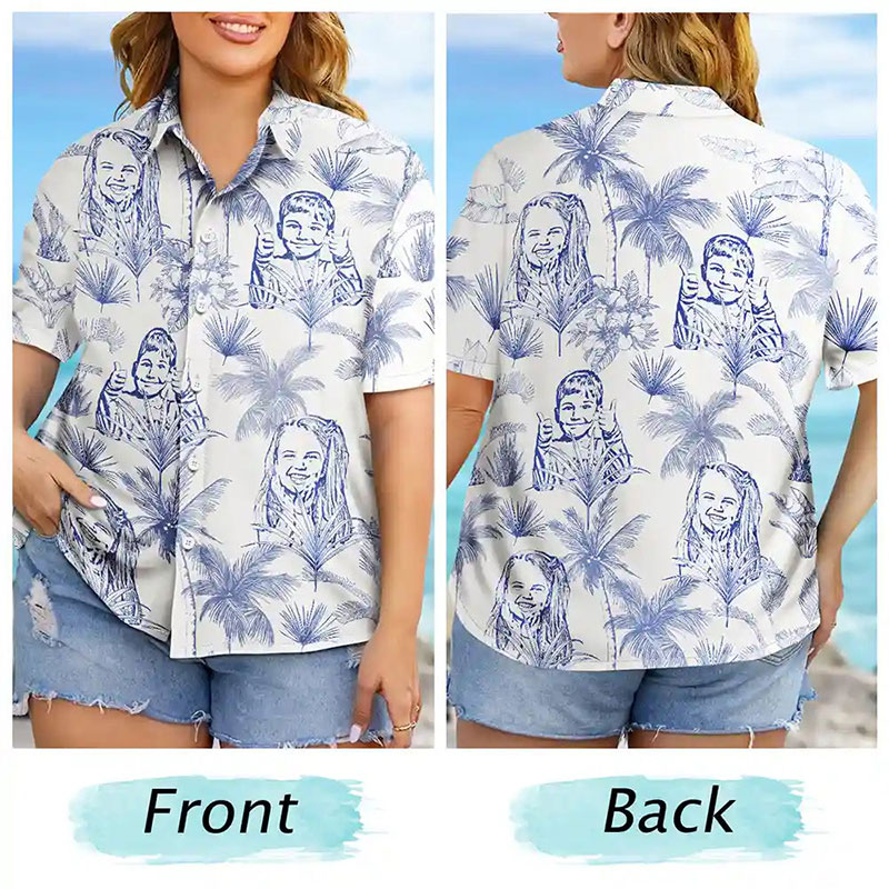 Personalized Photo Pencil Drawing Toile De Jouy Pattern Family Kids Pet Custom Hawaiian Shirt Family Gifts