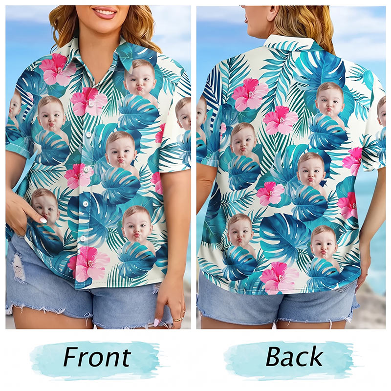 Personalized Photo Tropical Leaves Funny Family Kids Pet Face Custom Hawaiian Shirt with 1-6 Kids Photo Father Mother Summer Gifts