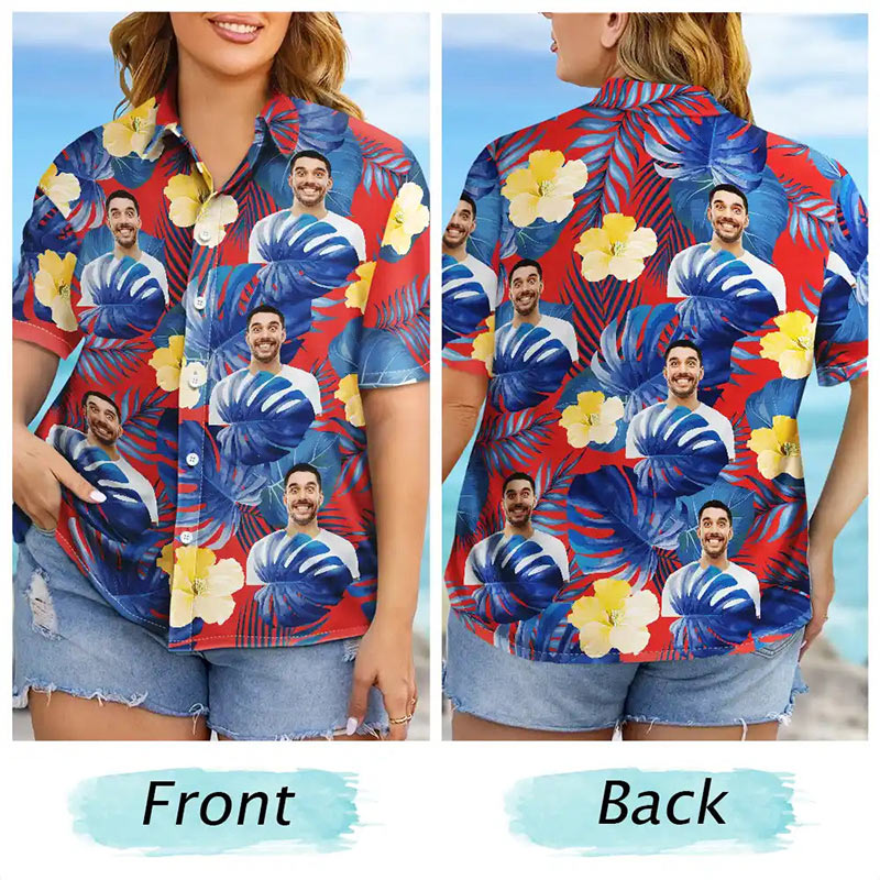 Personalized Photo Tropical Leaves Funny Family Kids Pet Face Custom Hawaiian Shirt with 1-5 Kids Photo Father Mother Summer Gifts